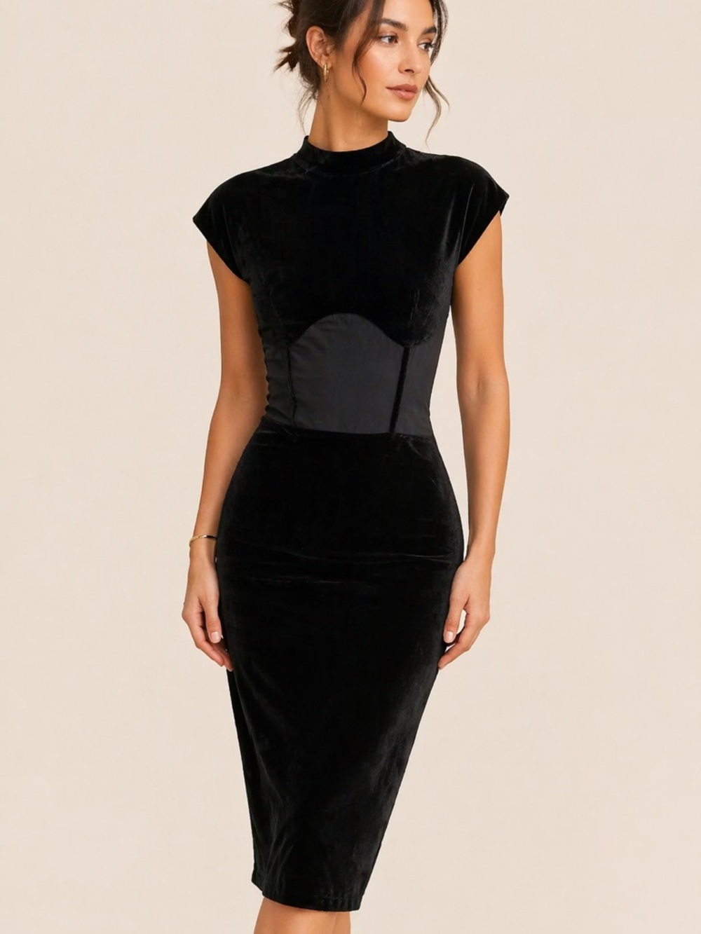 Anthropologie let me be Diane black velvet sheer middle midi dress